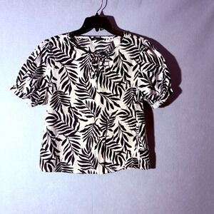 DNMX Palm Leaf Print Top Womens Large Cream Black Tie Neck Puff Sleeve Blouse
